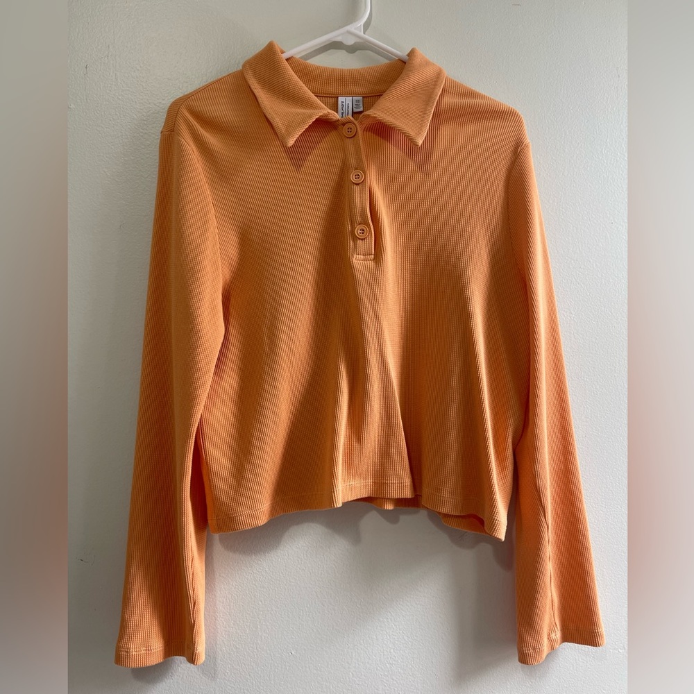 & Other Stories Orange Sherbert Waffle Cropped Long Sleeve